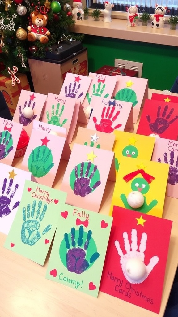 A variety of toddler-made Christmas cards with handprints, cotton balls, and stickers on a festive table.